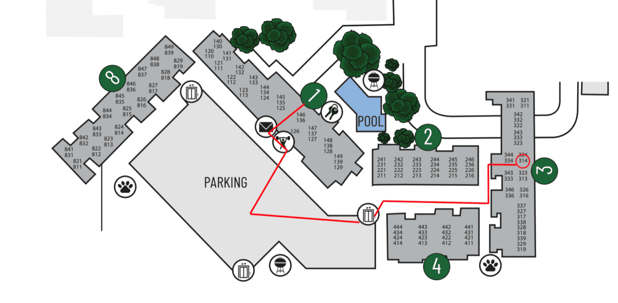 Map of directions to unit at Muse at SoCo