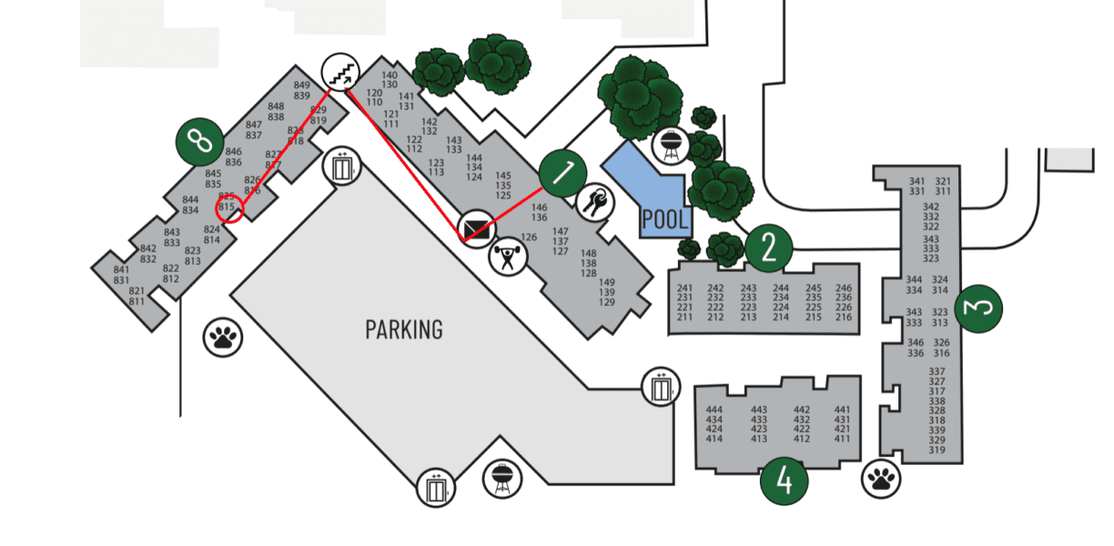 Map of directions to unit at Muse at SoCo