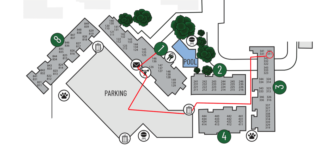 Map of directions to unit at Muse at SoCo